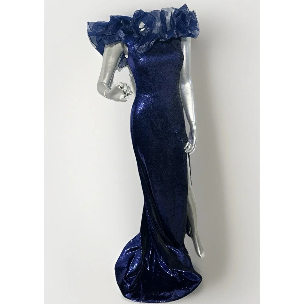 Sherri Hill 55328 Navy Blue Sequin Off-The-Shoulder Ruffle Gown – Size 00